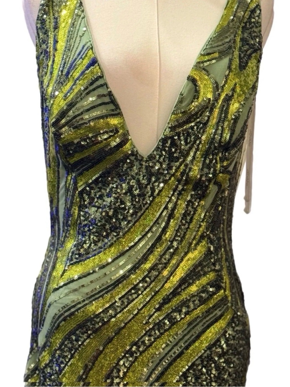 NWT Very Rare Jovani Olive/Lime Green Sequin Deep V-Neck Mermaid Gown Size 14 - Picture 6 of 11